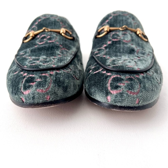 GUCCI | Jordaan Horsebit Velvet Monogram Loafers Flats Green Pink GG Logo US 9 - Picture 3 of 11